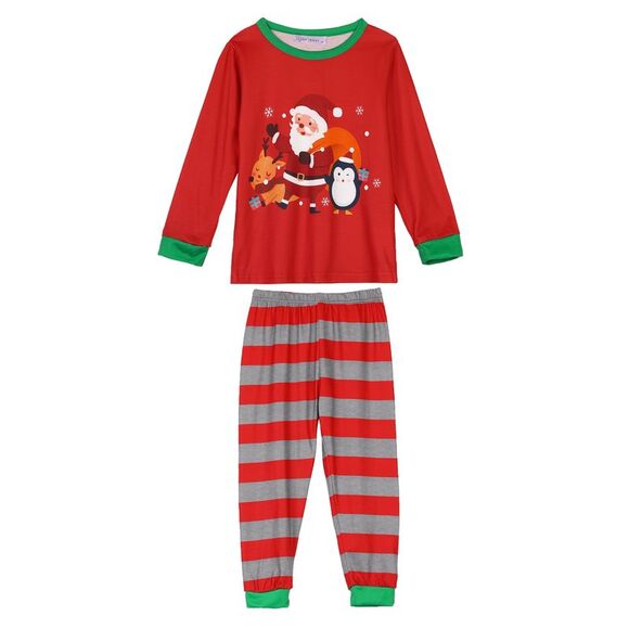 Child's Christmas 2pcs Pajama Set Striped Snowman Long Sleeve Sleepwear Red - Picture 2 of 4